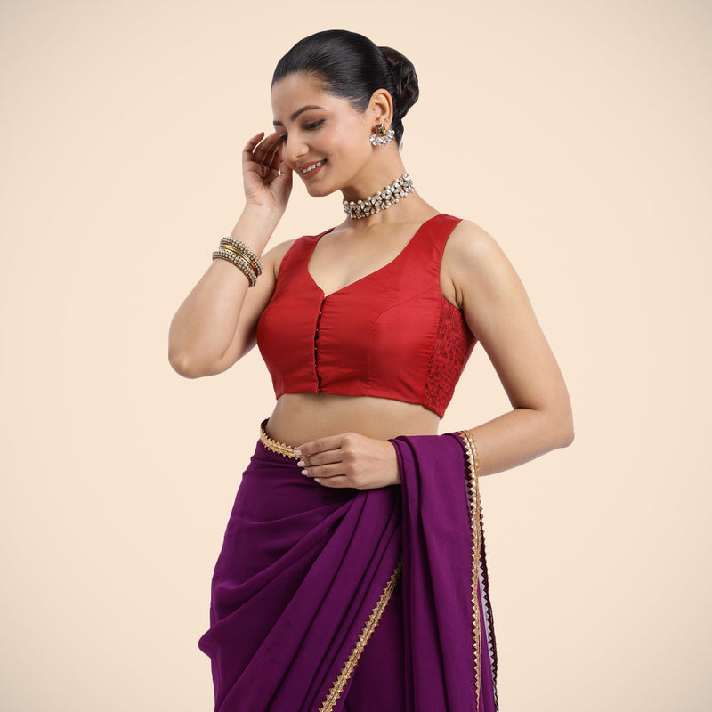Nazia x Rozaana | Crimson Red Sleeveless FlexiFit™ Saree Blouse with Front Open Curved V Neckline with Deep Back and Dori-Binks