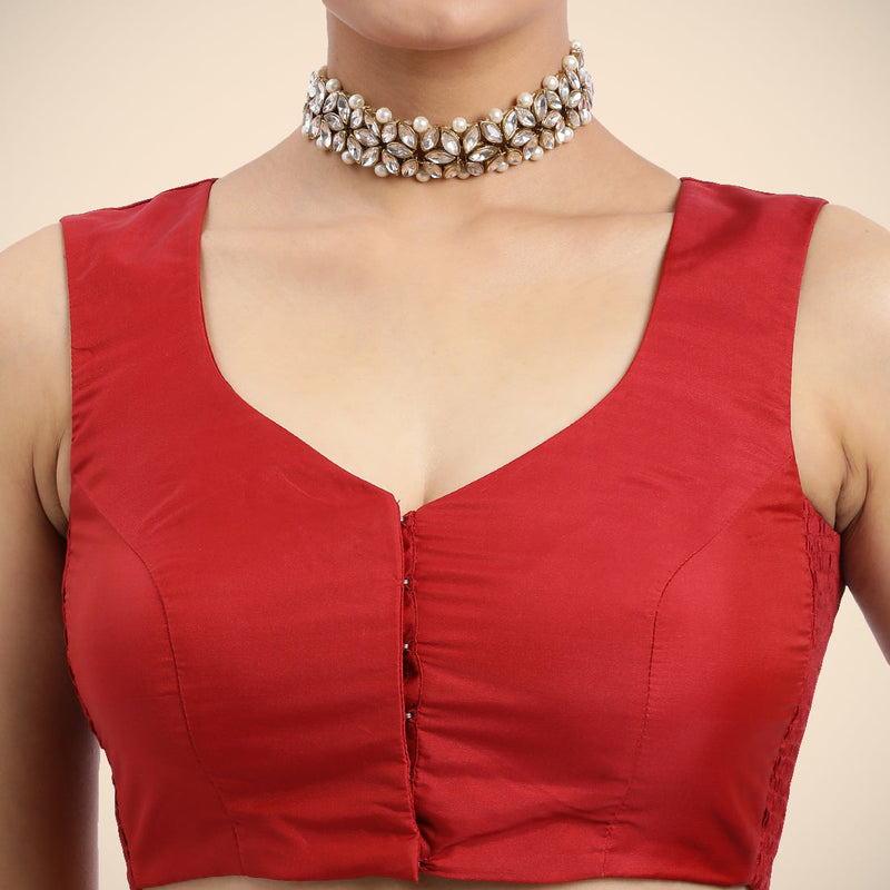 Nazia x Rozaana | Crimson Red Sleeveless FlexiFit™ Saree Blouse with Front Open Curved V Neckline with Deep Back and Dori-Binks