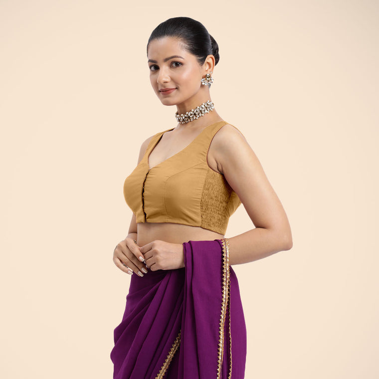 Nazia x Rozaana Saree Blouse, in Gold Vegan Silk, featuring sleeveless and curved v-neckline, made for daily & work.