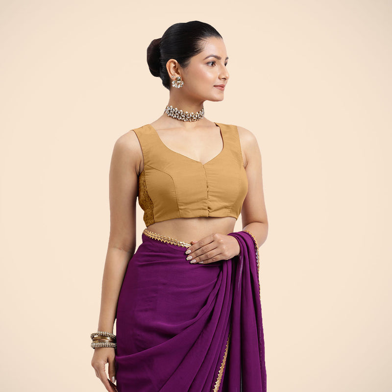 Nazia x Rozaana | Gold Sleeveless FlexiFit™ Saree Blouse with Front Open Curved V Neckline with Deep Back and Dori-Binks