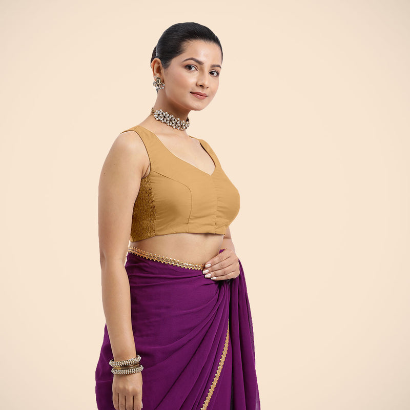 Nazia x Rozaana | Gold Sleeveless FlexiFit™ Saree Blouse with Front Open Curved V Neckline with Deep Back and Dori-Binks