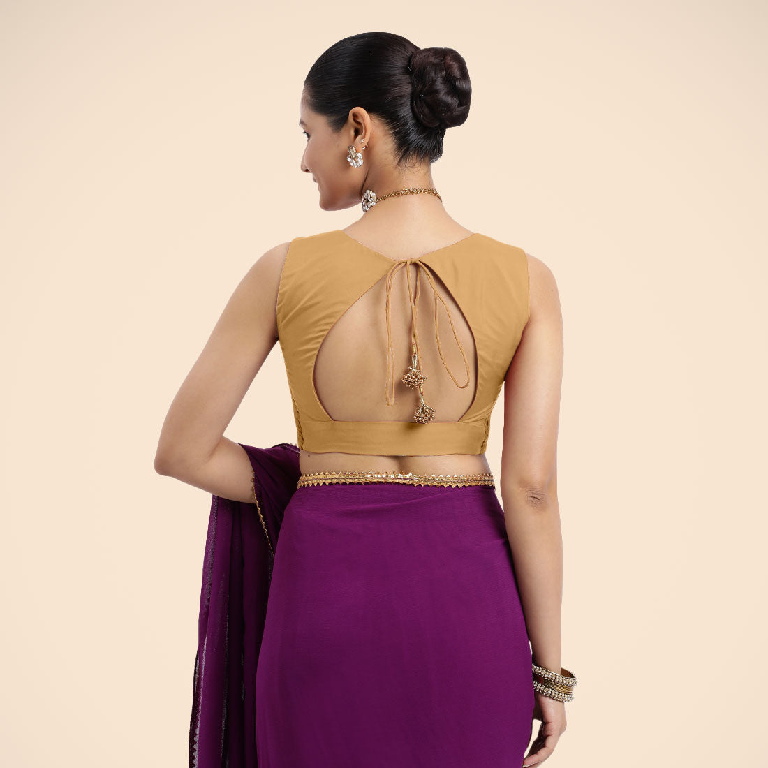 Nazia x Rozaana Saree Blouse, in Gold Vegan Silk, featuring sleeveless and curved v-neckline, made for daily & work (view 2).
