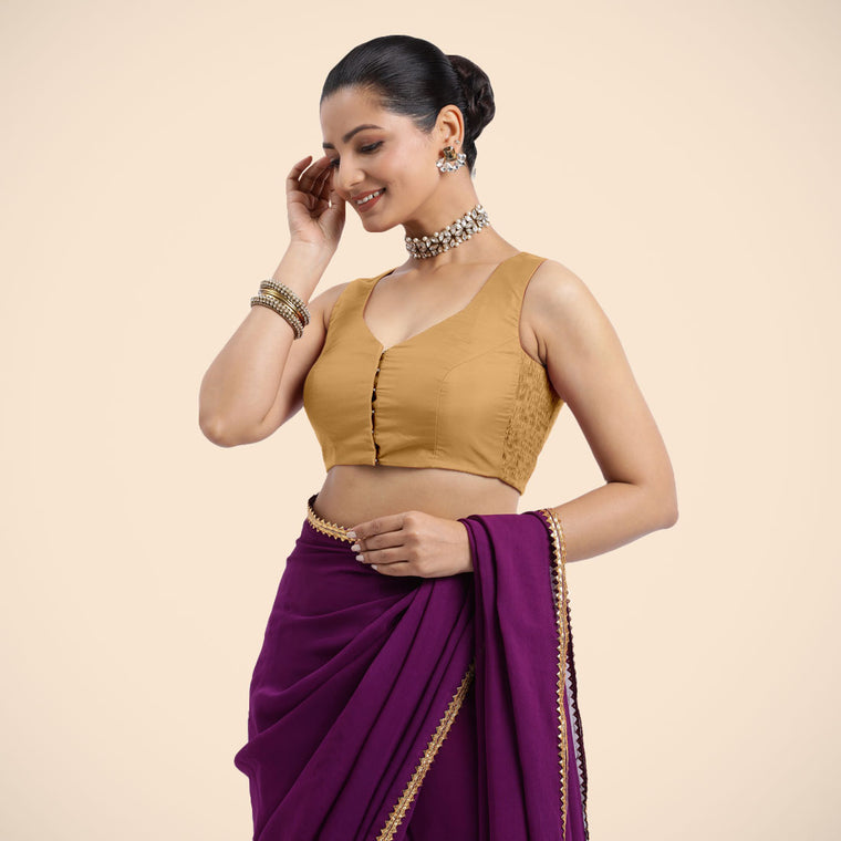 Nazia x Rozaana Saree Blouse, in Gold Vegan Silk, featuring sleeveless and curved v-neckline, made for daily & work (view 3).
