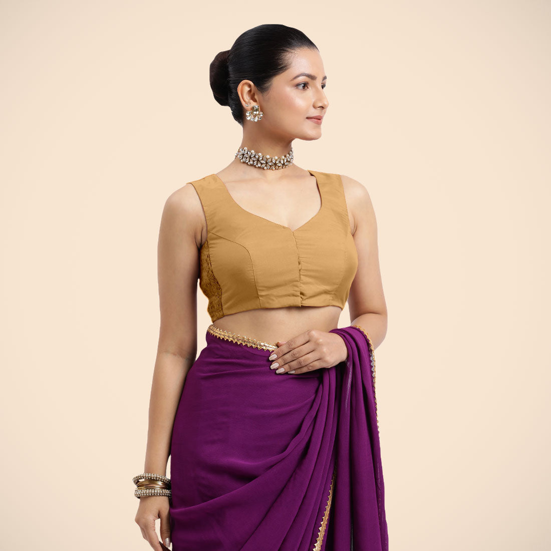 Nazia x Rozaana Saree Blouse, in Gold Vegan Silk, featuring sleeveless and curved v-neckline, made for daily & work (view 4).