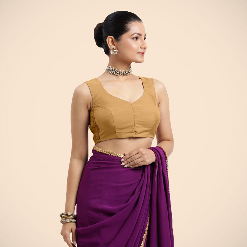 Nazia x Rozaana | Gold Sleeveless FlexiFit™ Saree Blouse with Front Open Curved V Neckline with Deep Back and Dori-Binks
