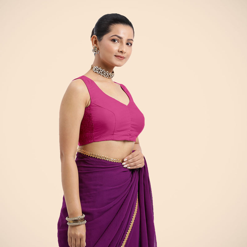 Nazia x Rozaana | Sleeveless Hot Pink FlexiFit™ Saree Blouse with Curved V-Neck-Binks