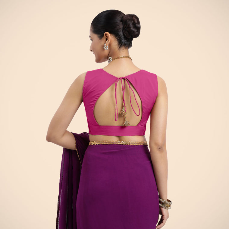 Nazia x Rozaana Saree Blouse, in Pink Artificial Silk, featuring sleeveless and curved v-neckline, made for daily & work.