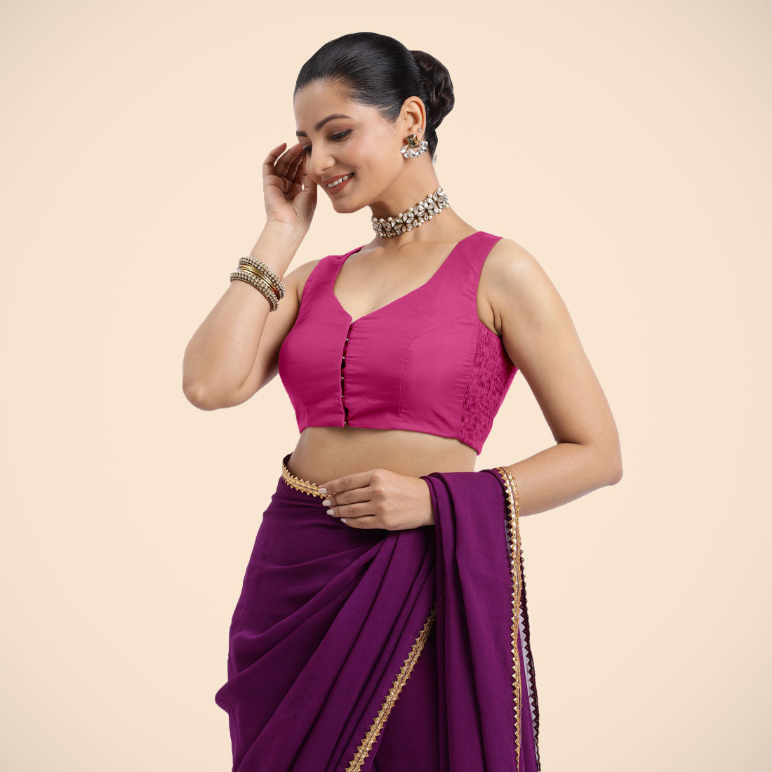 Nazia x Rozaana Saree Blouse, in Pink Artificial Silk, featuring sleeveless and curved v-neckline, made for daily & work.