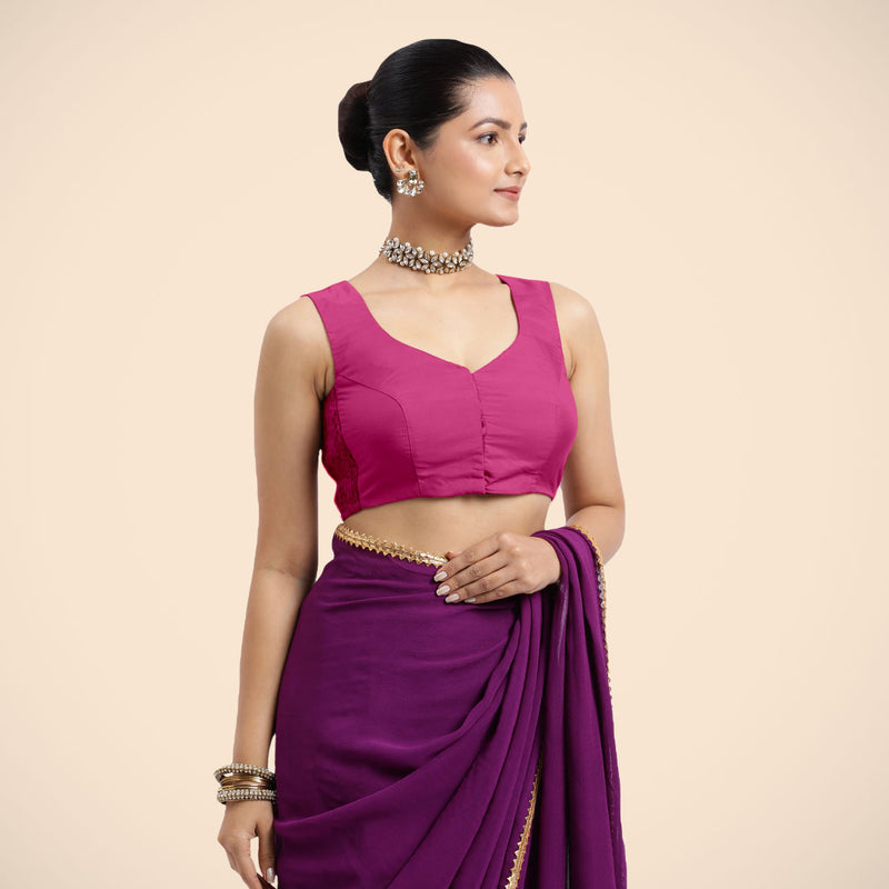 Nazia x Rozaana | Sleeveless Hot Pink FlexiFit™ Saree Blouse with Curved V-Neck-Binks
