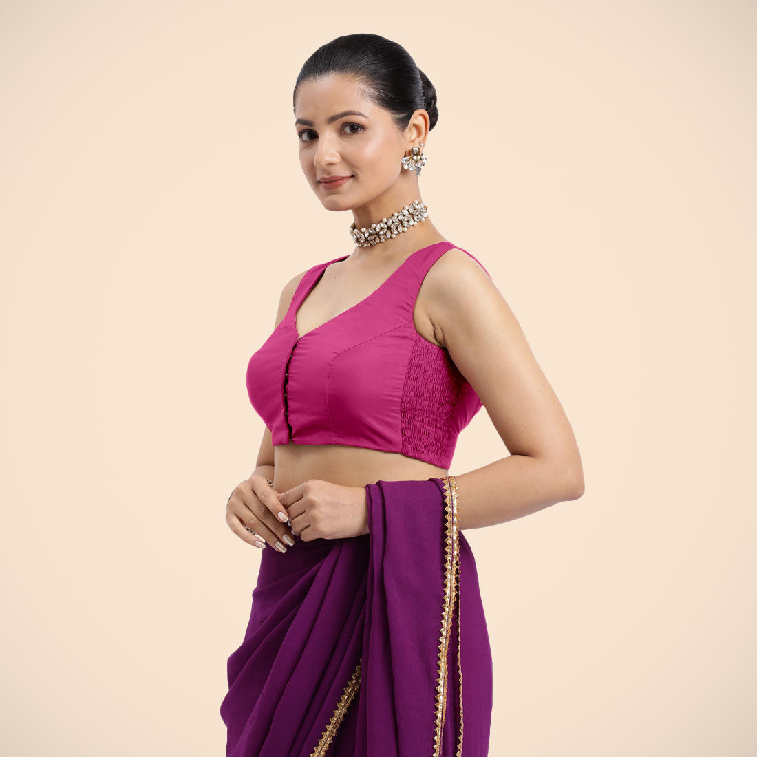 Nazia x Rozaana Saree Blouse, in Pink Artificial Silk, featuring sleeveless and curved v-neckline, made for daily & work.