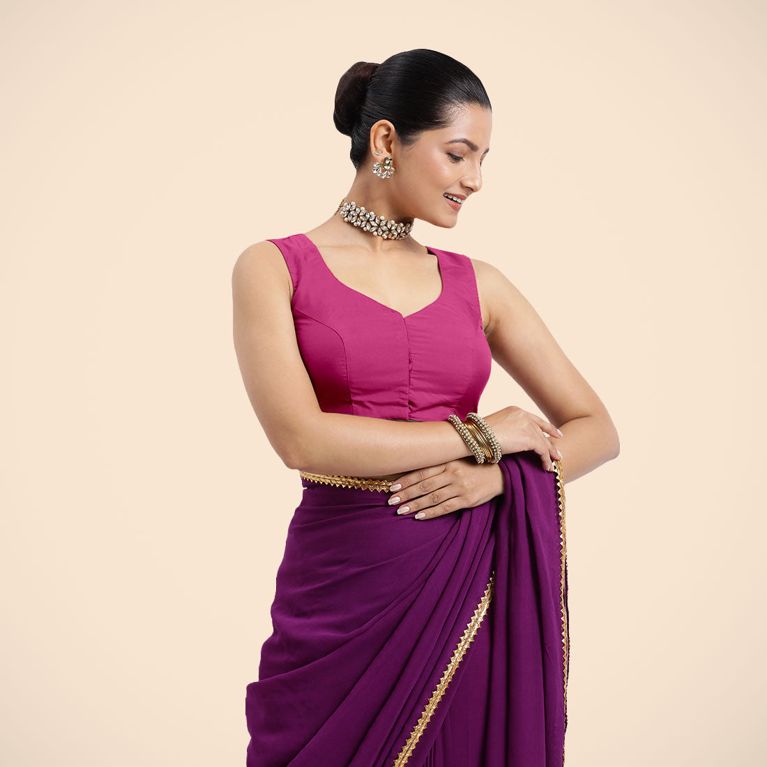 Nazia x Rozaana Saree Blouse, in Pink Artificial Silk, featuring sleeveless and curved v-neckline, made for daily & work.