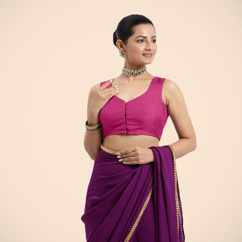 Nazia x Rozaana | Sleeveless Hot Pink FlexiFit™ Saree Blouse with Curved V-Neck-Binks