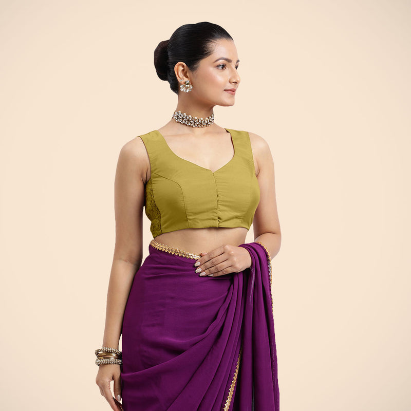 Nazia x Rozaana | Lemon Yellow Sleeveless FlexiFit™ Saree Blouse with Front Open Curved V Neckline with Deep Back and Dori-Binks