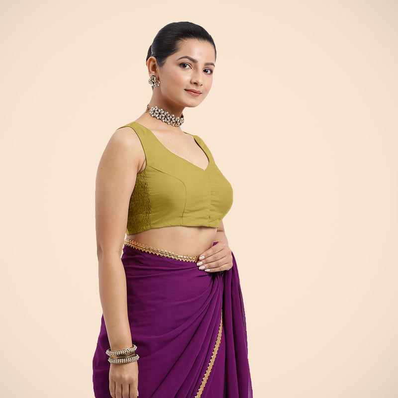 Nazia x Rozaana | Lemon Yellow Sleeveless FlexiFit™ Saree Blouse with Front Open Curved V Neckline with Deep Back and Dori-Binks