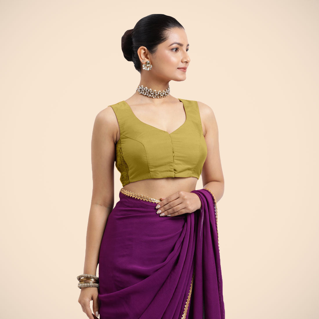 Nazia x Rozaana Saree Blouse, in Yellow Vegan Silk, featuring sleeveless and curved v-neckline, made for daily & work (view 3).