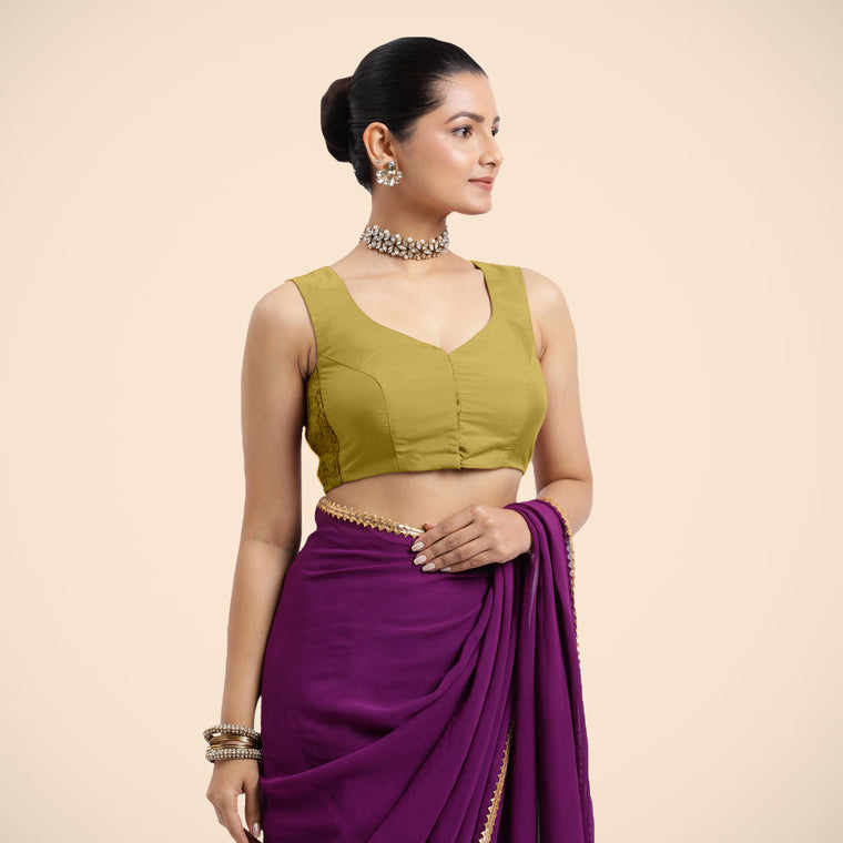 Nazia x Rozaana Saree Blouse, in Yellow Vegan Silk, featuring sleeveless and curved v-neckline, made for daily & work (view 3).