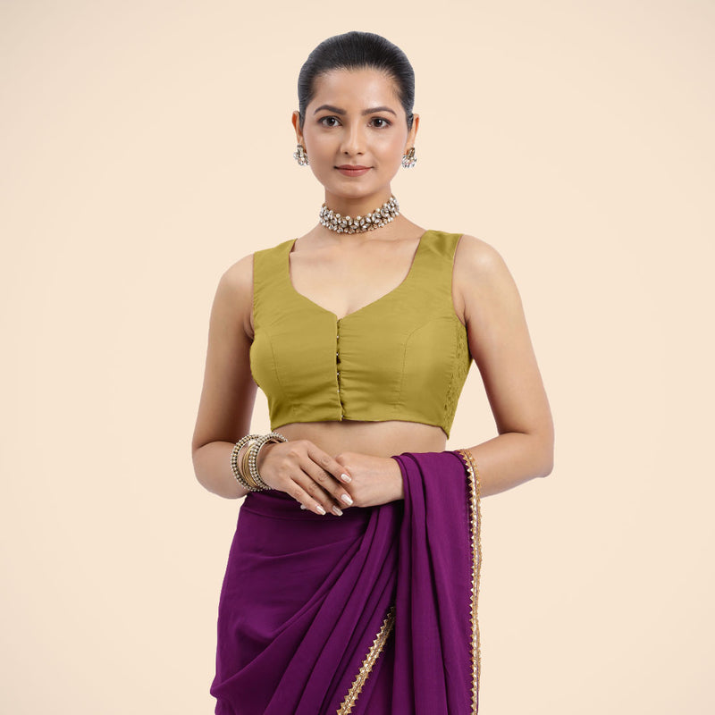 Nazia x Rozaana | Lemon Yellow Sleeveless FlexiFit™ Saree Blouse with Front Open Curved V Neckline with Deep Back and Dori-Binks