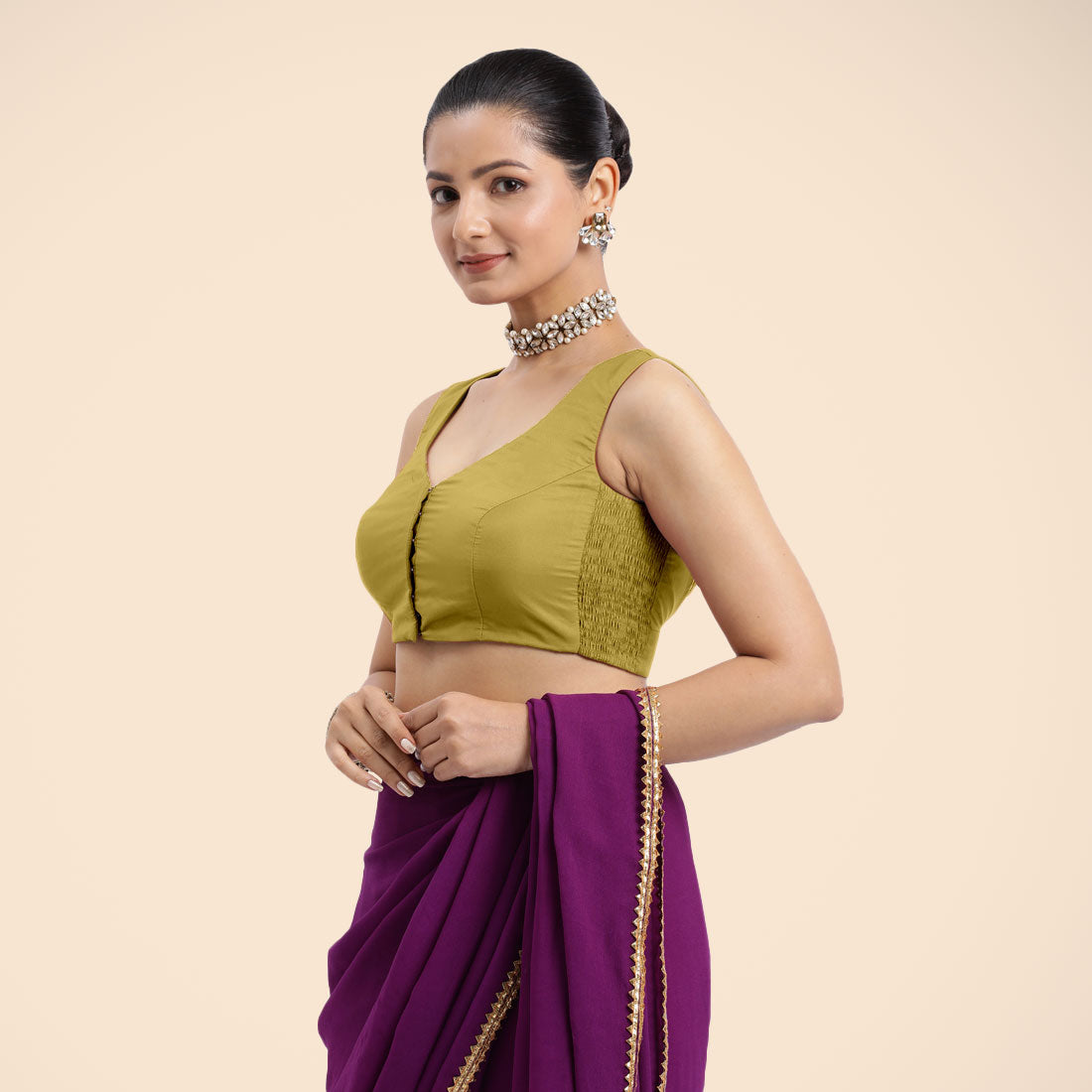 Nazia x Rozaana Saree Blouse, in Yellow Vegan Silk, featuring sleeveless and curved v-neckline, made for daily & work (view 6).