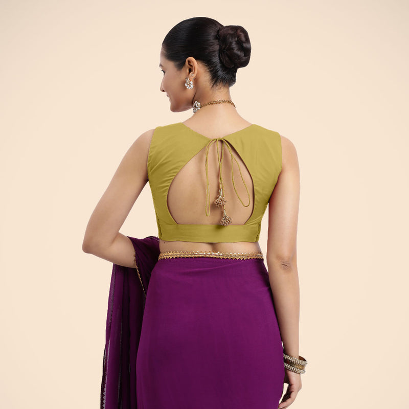 Nazia x Rozaana | Lemon Yellow Sleeveless FlexiFit™ Saree Blouse with Front Open Curved V Neckline with Deep Back and Dori-Binks