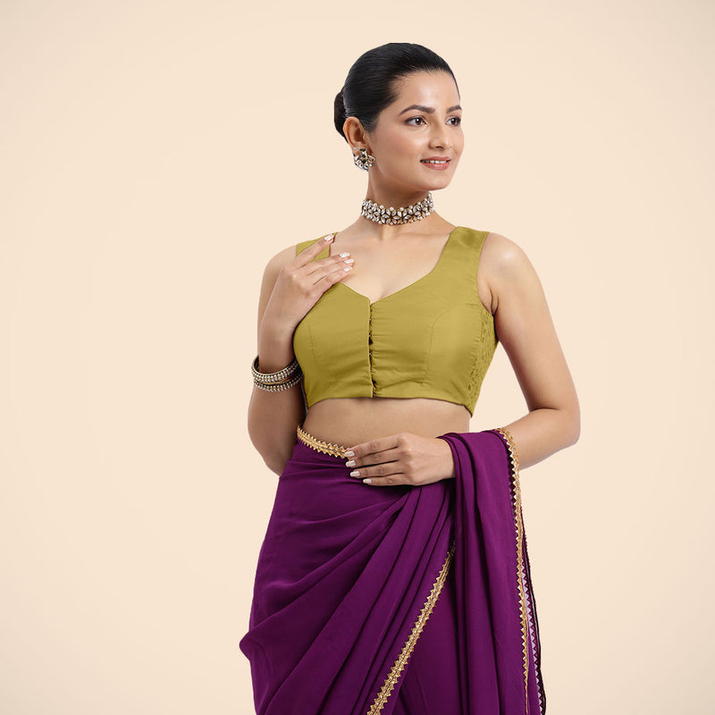 Nazia x Rozaana | Lemon Yellow Sleeveless FlexiFit™ Saree Blouse with Front Open Curved V Neckline with Deep Back and Dori-Binks