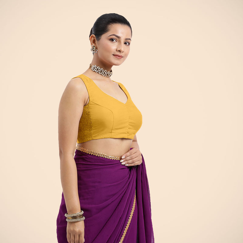 Nazia x Rozaana | Sleeveless Marigold Yellow FlexiFit™ Saree Blouse with Curved V-Neck-Binks
