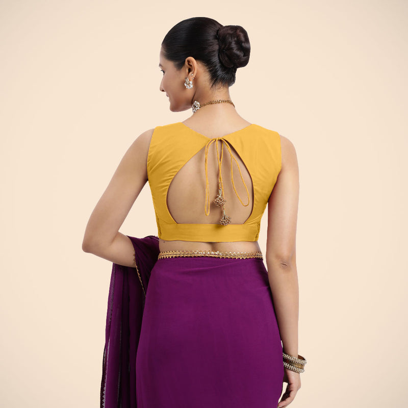 Nazia x Rozaana | Sleeveless Marigold Yellow FlexiFit™ Saree Blouse with Curved V-Neck-Binks