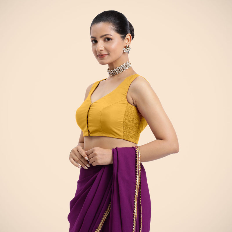 Nazia x Rozaana | Sleeveless Marigold Yellow FlexiFit™ Saree Blouse with Curved V-Neck-Binks