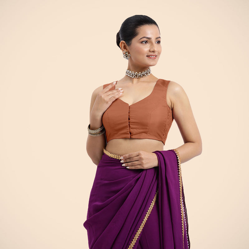 Nazia x Rozaana | Metallic Copper Sleeveless FlexiFit™ Saree Blouse with Front Open Curved V Neckline with Deep Back and Dori-Binks