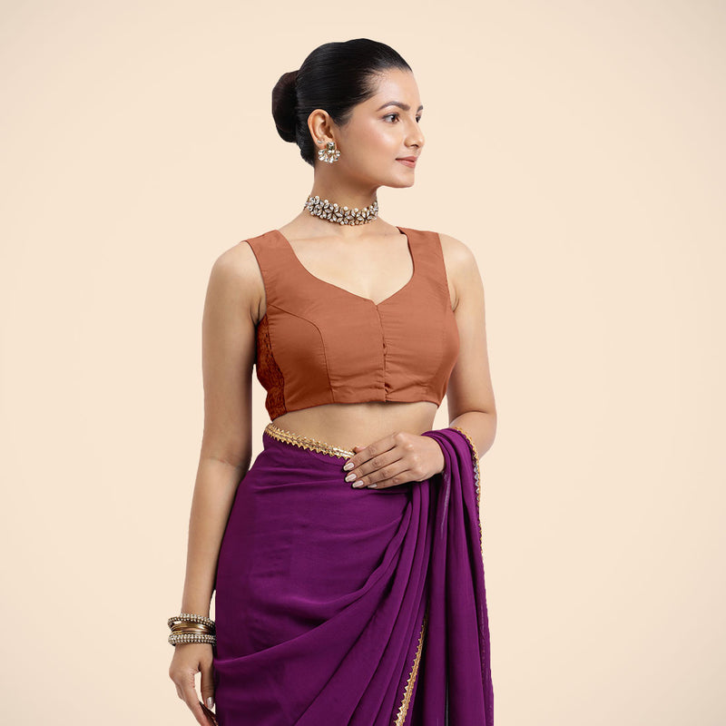 Nazia x Rozaana | Metallic Copper Sleeveless FlexiFit™ Saree Blouse with Front Open Curved V Neckline with Deep Back and Dori-Binks