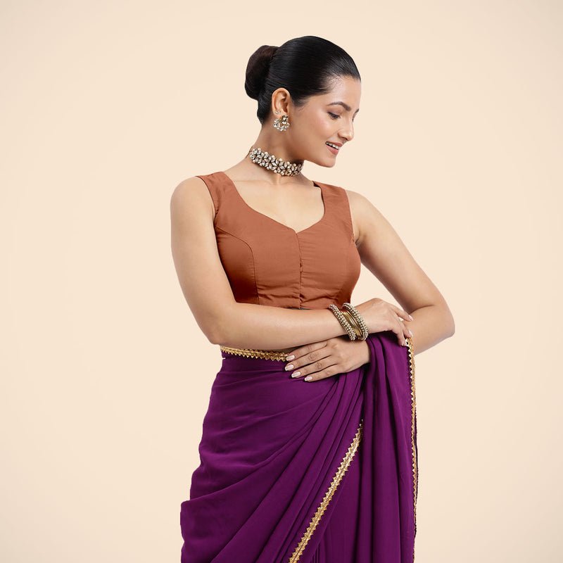 Nazia x Rozaana | Metallic Copper Sleeveless FlexiFit™ Saree Blouse with Front Open Curved V Neckline with Deep Back and Dori-Binks