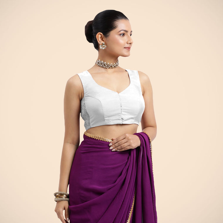 Nazia x Rozaana Saree Blouse, in White Vegan Silk, featuring sleeveless and curved v-neckline, made for daily & work.