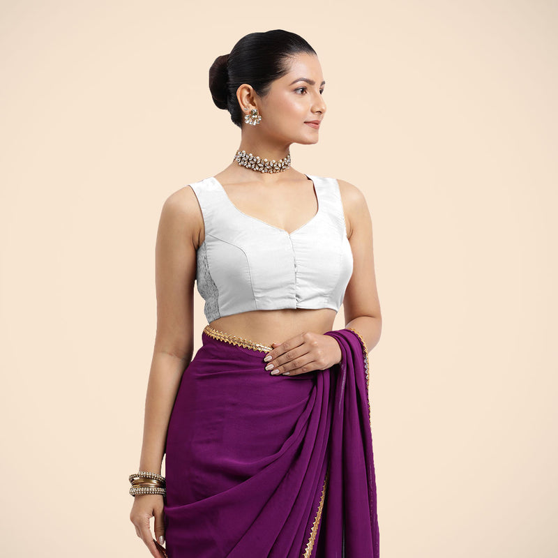 Nazia x Rozaana | Pearl White Sleeveless FlexiFit™ Saree Blouse with Front Open Curved V Neckline with Deep Back and Dori-Binks