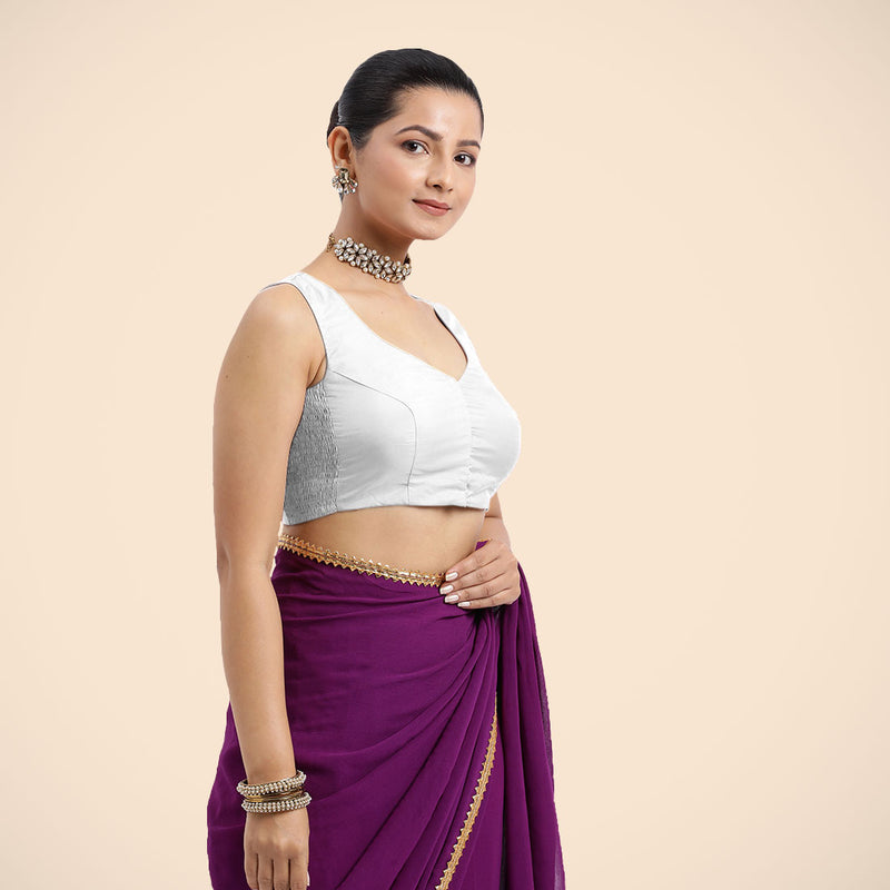 Nazia x Rozaana | Pearl White Sleeveless FlexiFit™ Saree Blouse with Front Open Curved V Neckline with Deep Back and Dori-Binks