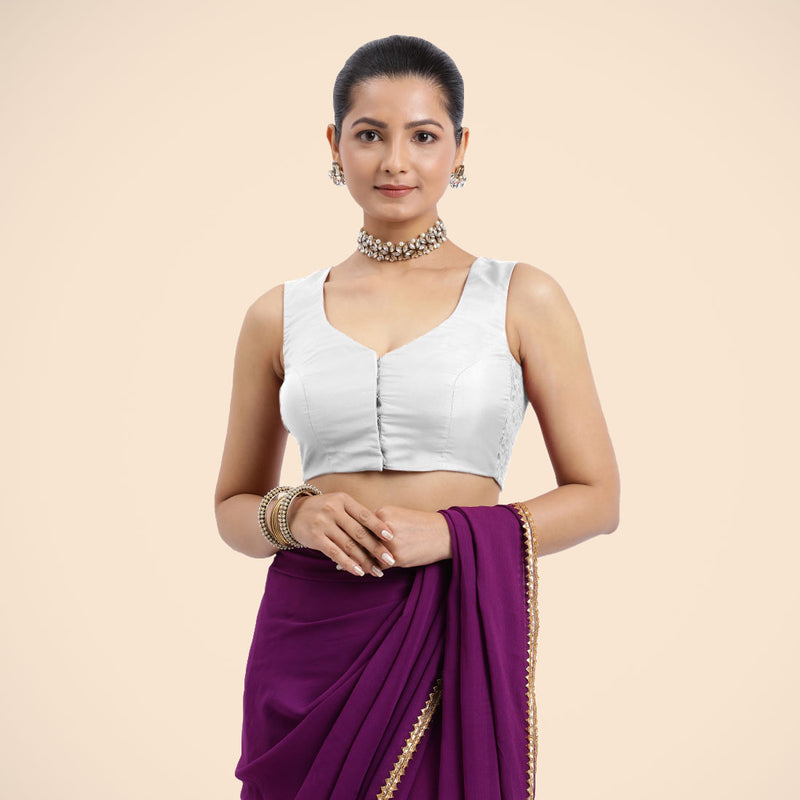 Nazia x Rozaana | Pearl White Sleeveless FlexiFit™ Saree Blouse with Front Open Curved V Neckline with Deep Back and Dori-Binks