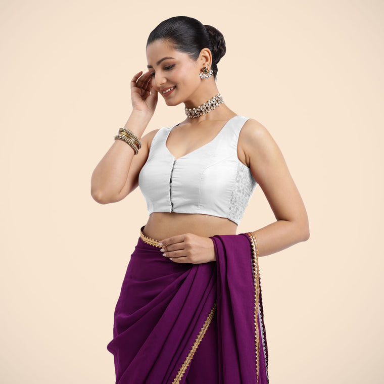Nazia x Rozaana Saree Blouse, in White Vegan Silk, featuring sleeveless and curved v-neckline, made for daily & work (view 3).