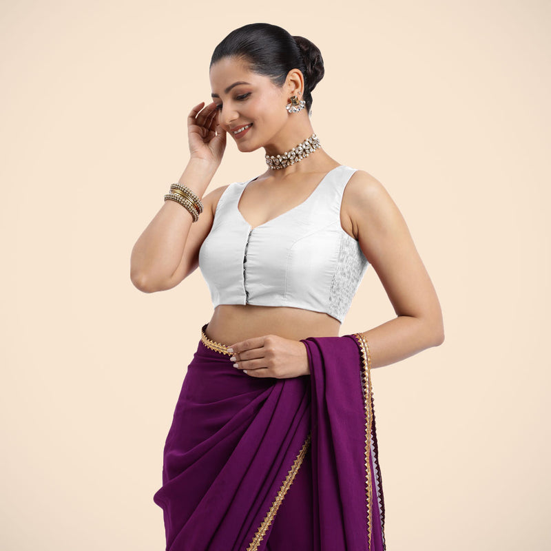 Nazia x Rozaana | Pearl White Sleeveless FlexiFit™ Saree Blouse with Front Open Curved V Neckline with Deep Back and Dori-Binks