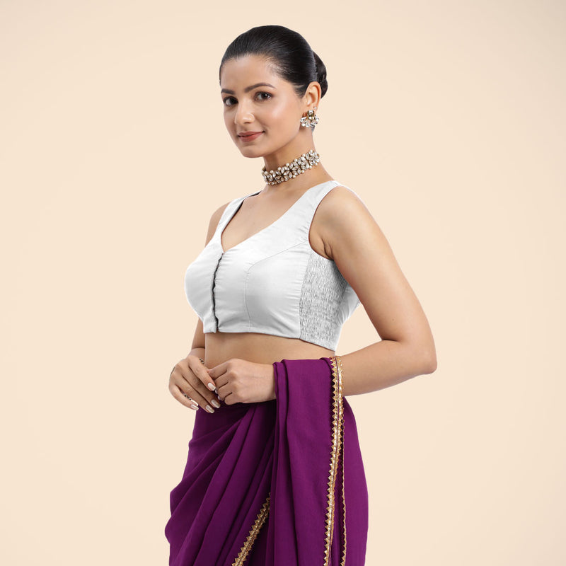 Nazia x Rozaana | Pearl White Sleeveless FlexiFit™ Saree Blouse with Front Open Curved V Neckline with Deep Back and Dori-Binks