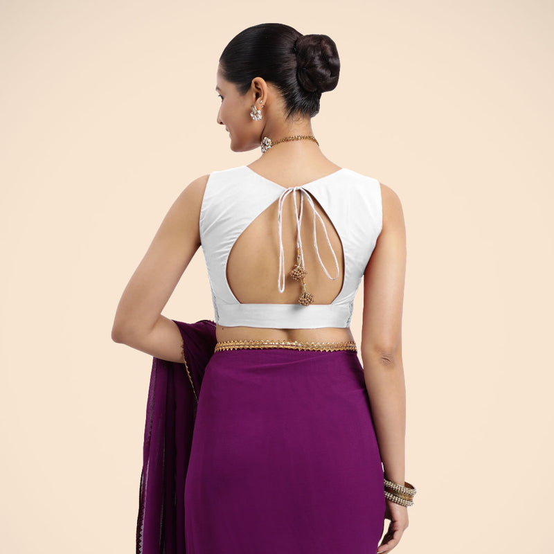 Nazia x Rozaana | Pearl White Sleeveless FlexiFit™ Saree Blouse with Front Open Curved V Neckline with Deep Back and Dori-Binks