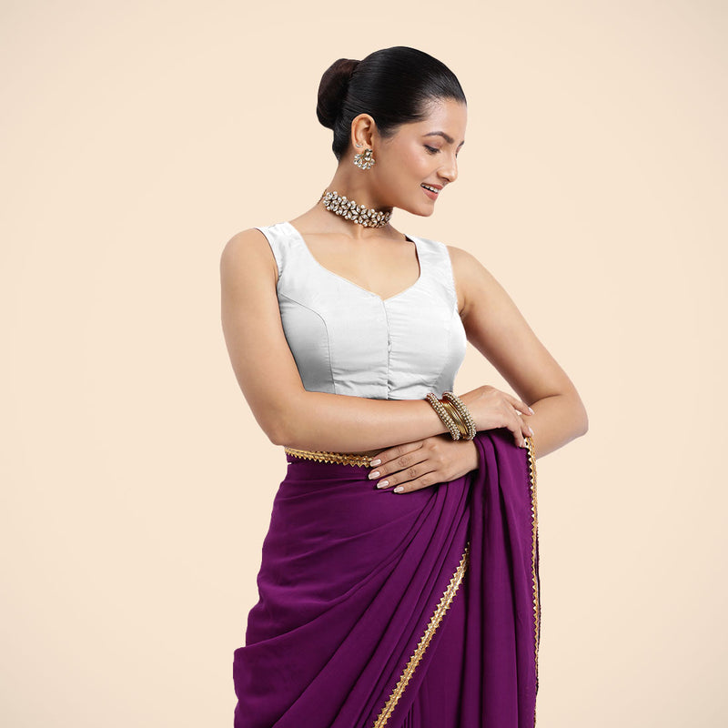 Nazia x Rozaana | Pearl White Sleeveless FlexiFit™ Saree Blouse with Front Open Curved V Neckline with Deep Back and Dori-Binks