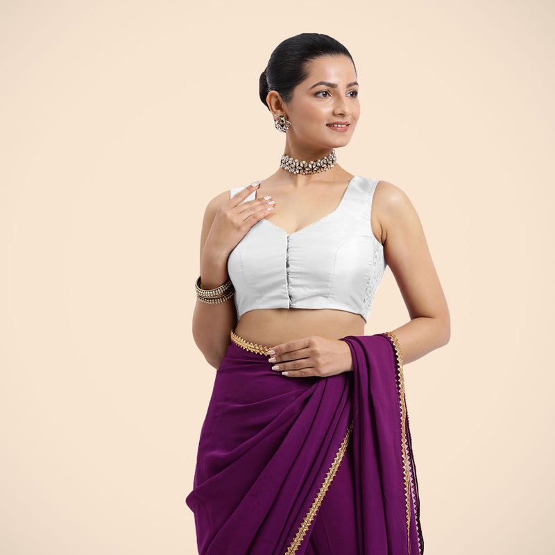 Nazia x Rozaana | Pearl White Sleeveless FlexiFit™ Saree Blouse with Front Open Curved V Neckline with Deep Back and Dori-Binks