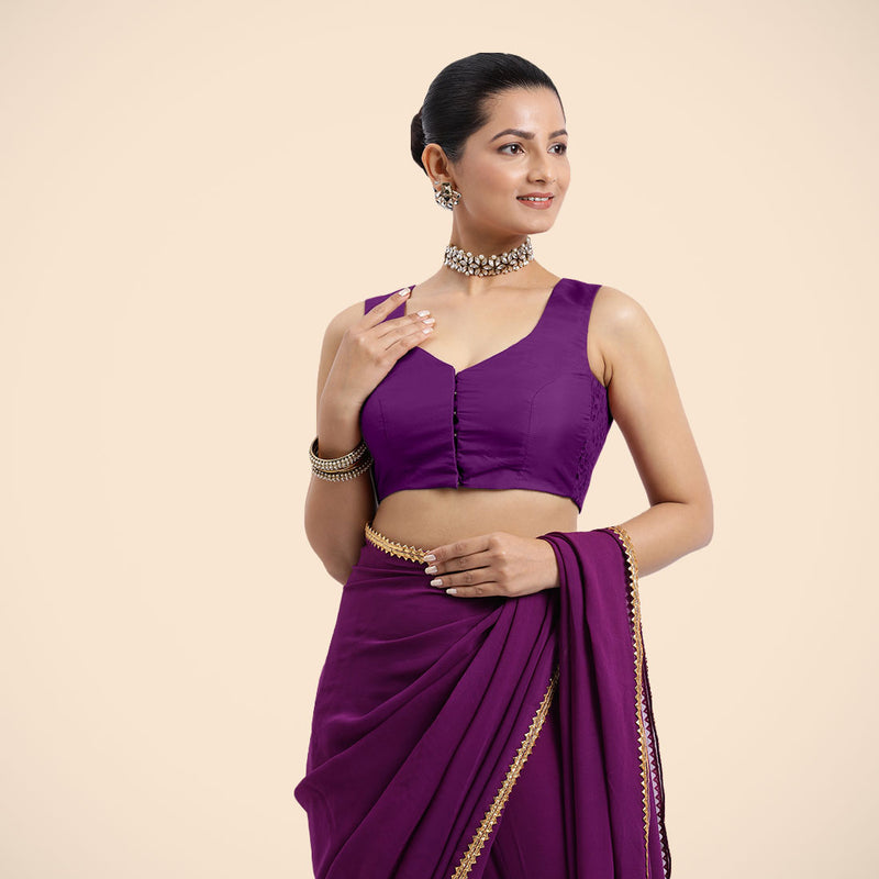 Nazia x Rozaana | Purple Sleeveless FlexiFit™ Saree Blouse with Front Open Curved V Neckline with Deep Back and Dori-Binks