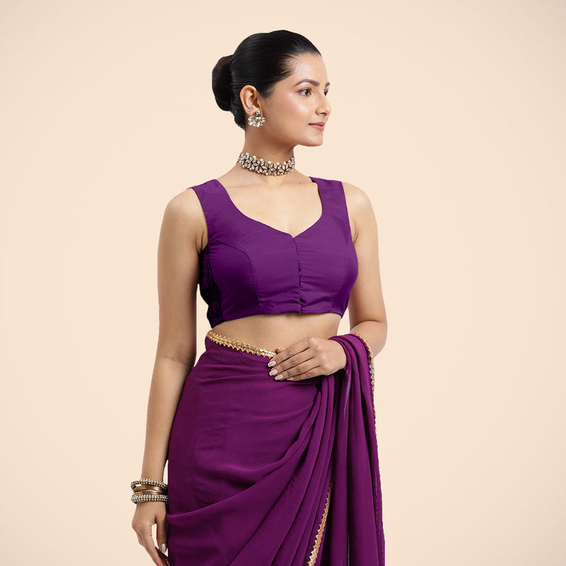 Nazia x Rozaana | Purple Sleeveless FlexiFit™ Saree Blouse with Front Open Curved V Neckline with Deep Back and Dori-Binks