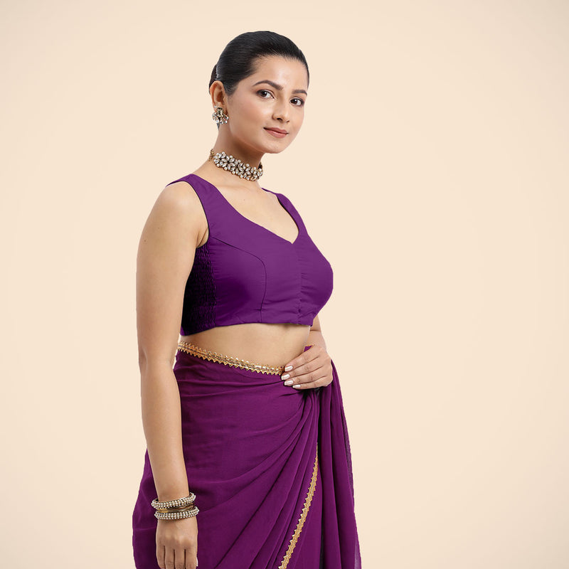 Nazia x Rozaana | Purple Sleeveless FlexiFit™ Saree Blouse with Front Open Curved V Neckline with Deep Back and Dori-Binks