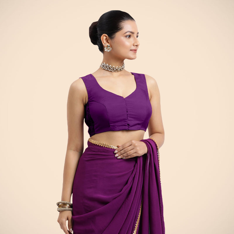 Nazia x Rozaana | Purple Sleeveless FlexiFit™ Saree Blouse with Front Open Curved V Neckline with Deep Back and Dori-Binks