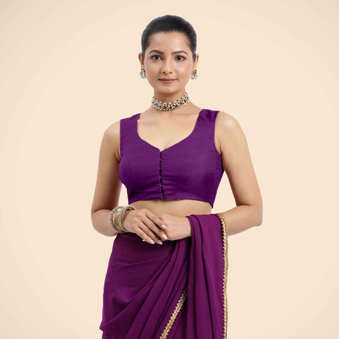 Nazia x Rozaana Saree Blouse, in Purple Vegan Silk, featuring sleeveless and curved v-neckline, made for daily & work (view 4).