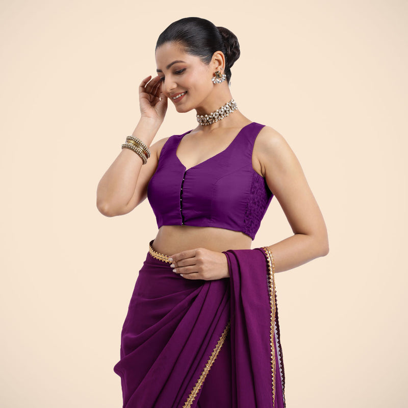 Nazia x Rozaana | Purple Sleeveless FlexiFit™ Saree Blouse with Front Open Curved V Neckline with Deep Back and Dori-Binks