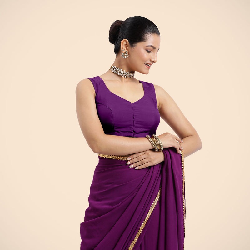 Nazia x Rozaana | Purple Sleeveless FlexiFit™ Saree Blouse with Front Open Curved V Neckline with Deep Back and Dori-Binks