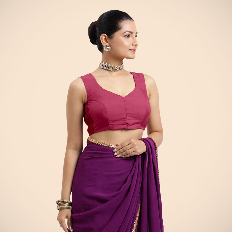 Nazia x Rozaana Saree Blouse, in Pink Vegan Silk, featuring sleeveless and curved v-neckline, made for daily & work.