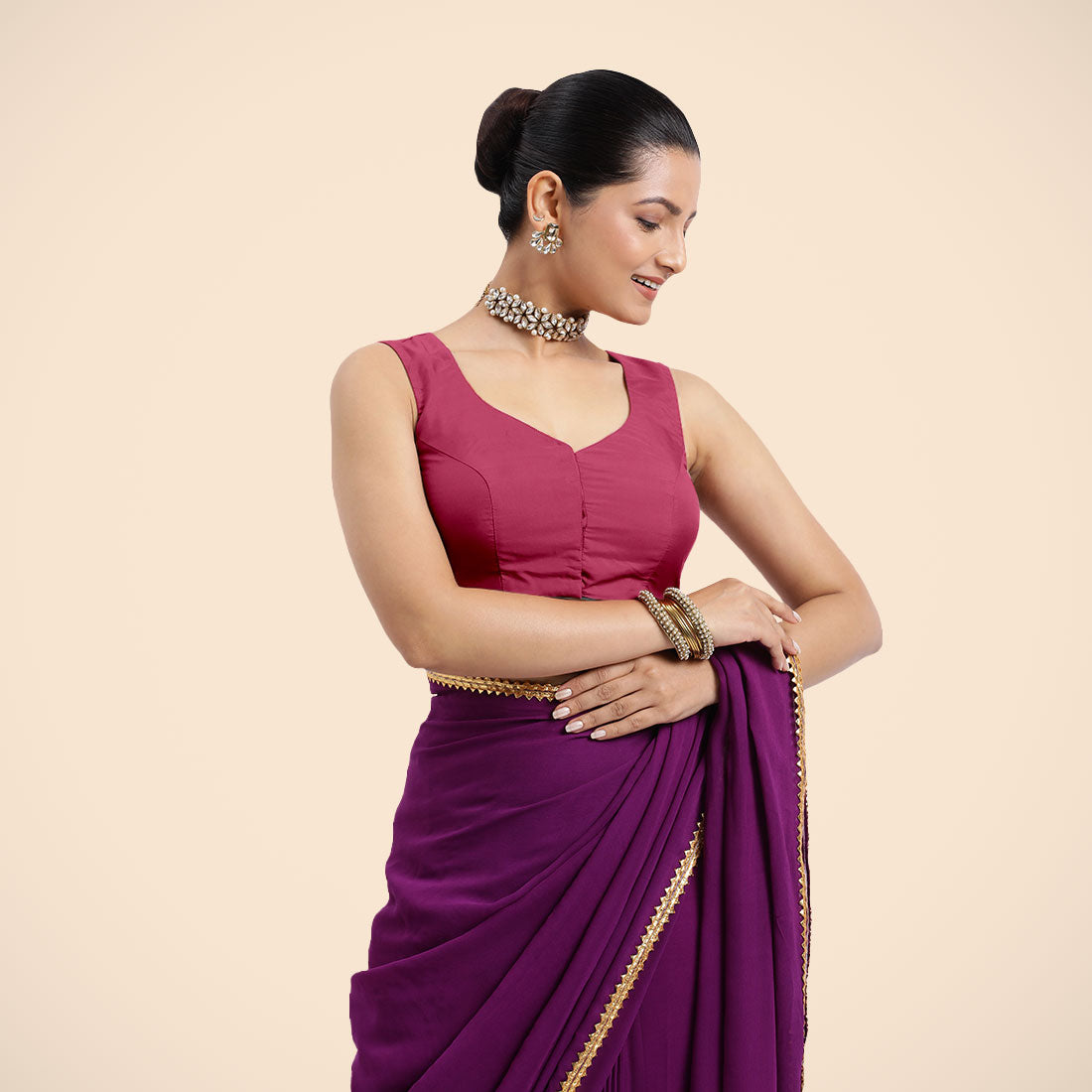 Nazia x Rozaana Saree Blouse, in Pink Vegan Silk, featuring sleeveless and curved v-neckline, made for daily & work (view 8).