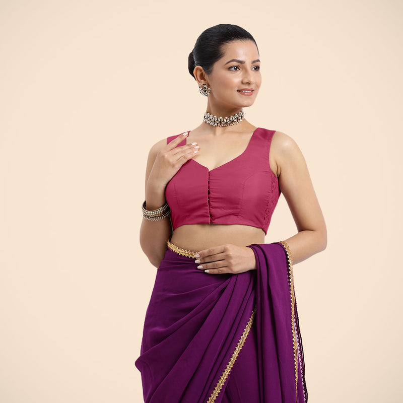 Nazia x Rozaana | Rani Pink Sleeveless FlexiFit™ Saree Blouse with Front Open Curved V Neckline with Deep Back and Dori-Binks